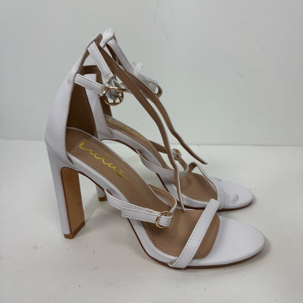 Lulu's White Open Toe Strappy Block Heels Bridal Jewel Embellished Sandals Heels